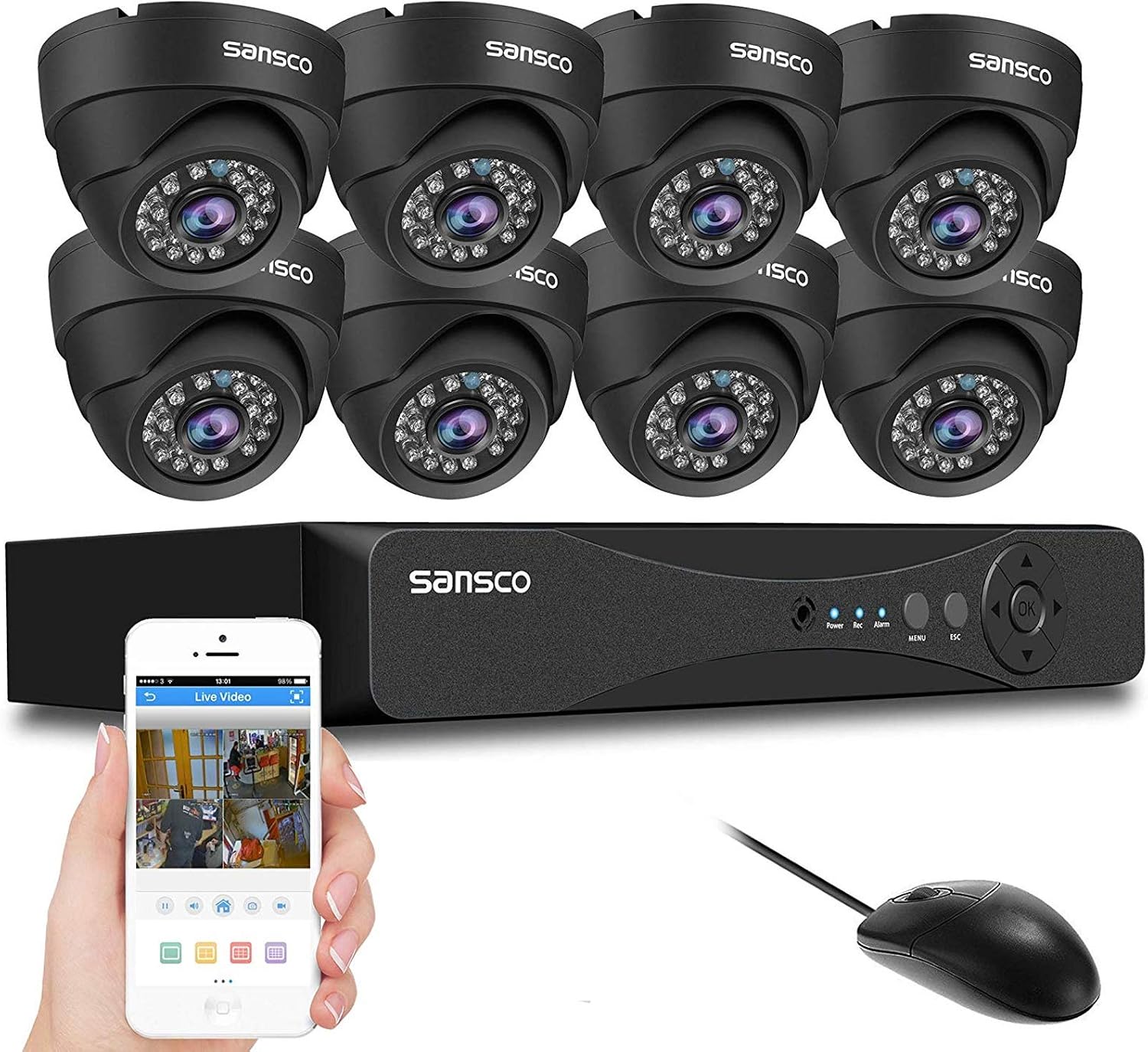 SANSCO 8CH 5MP HD CCTV Camera System, 8 Channel H.265 DVR Recorder, 8pcs 3K Outdoor/Indoor Dome Security Cameras Night Vision