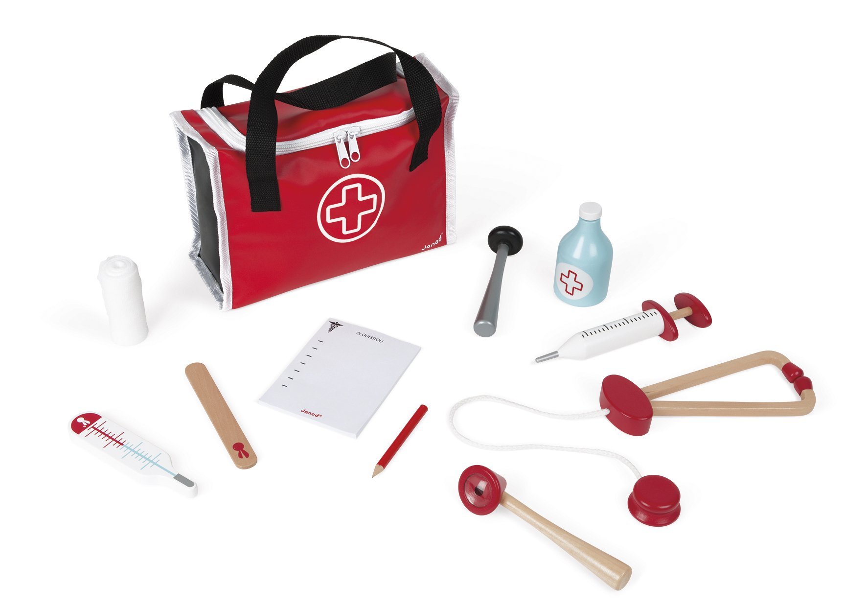 Janod - Doctor's Suitcase for Children - 10 Solid Wood Accessories Included - Prentend Play Toy - For children from the Age of 3, J06513, Red