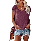 BLACKMYTH Women's Summer V-Neck T-Shirts Cap Sleeve Tees Solid Color Casual Basic Tops