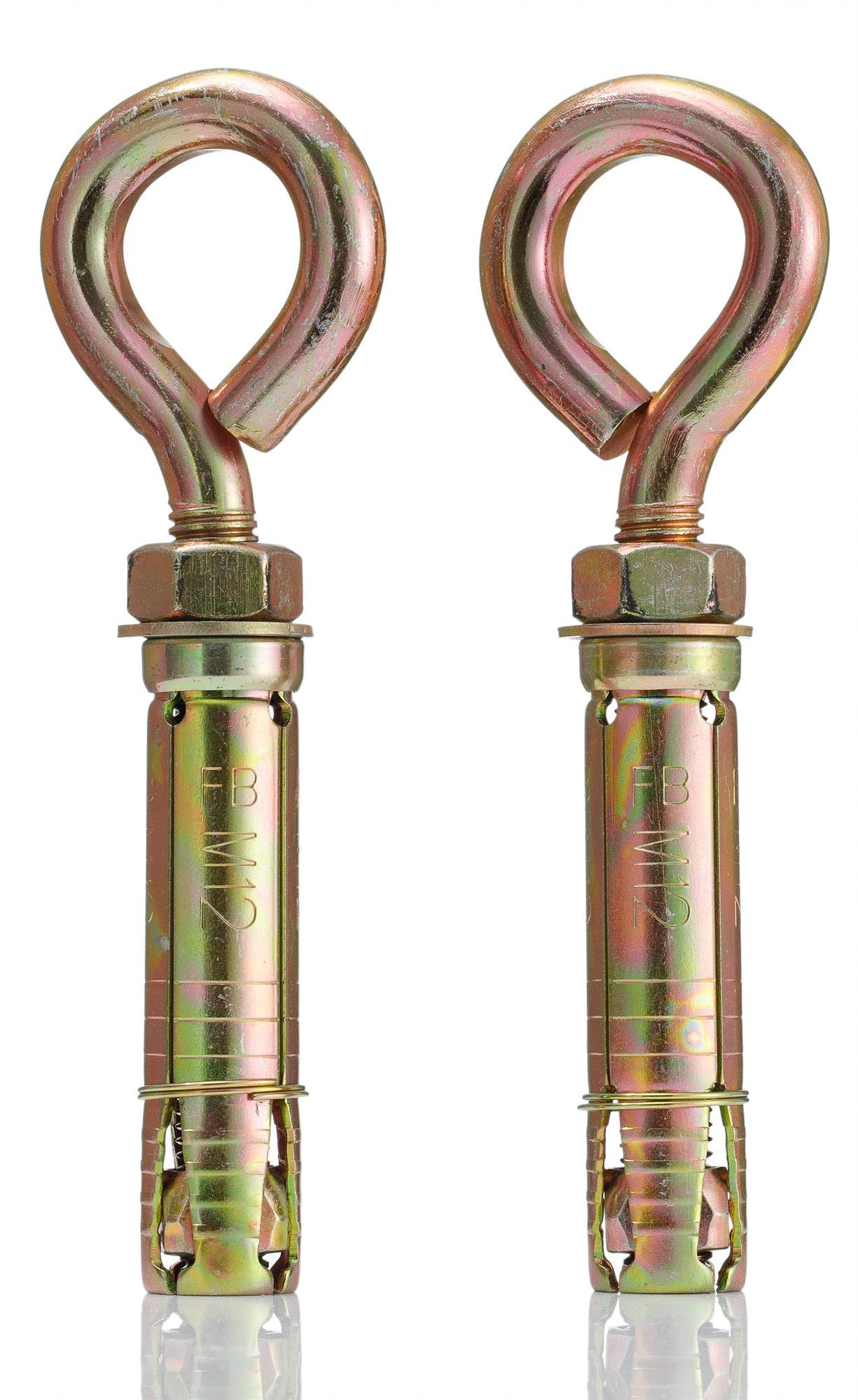 YoiYee M12 x 90mm Masonry Expansion Anchor Eye Bolt with Hex Nut, Yellow Zinc-Plated Steel Screw Eyeblot with Ring for Heavy Duty Fixing, 2pcs