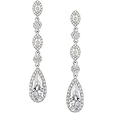 SWEETV Long Pear-Shaped Rose Gold Wedding Birdal Earrings for Brides, Bridesmaids, Crystal Chandelier Dangle Drop Earrings for Women Prom