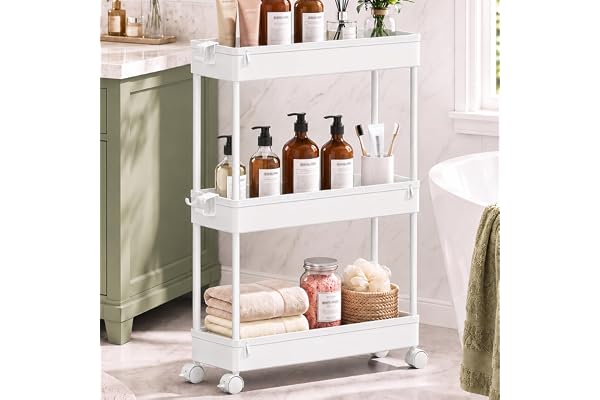 SPACEKEEPER Slim Rolling Storage Cart, Laundry Room Organization, 3 Tier Mobile Shelving Unit Bathroom Organizer Utility Cart