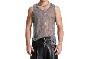 Sequins Shiny Mesh Tank Tops for Men Nightout Clubwear Sleeveless Evening Glitter Costume Shirts Disco Party Rave Top