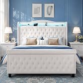 Queen Size Bed Frame with Headboard and Charging Station, Easy Assembly | Queen Platform Bed Frame with Storage&amp;LED Light, High Quality Artificial Board Bed Frame, No Box Spring Needed Noise Free A
