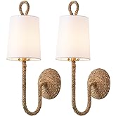 MhyTogn Natural Rattan Wall Sconce Set of 2, with Boho Woven Wicker and Creamy-White Fabric Shade for Vanity Stairway Firepla
