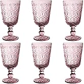 Taganov Vintage Glassware Purple Water Goblets Drinking Colored Wine Glasses set of 6 Pink Embossed Drinkware Stemware 10 oz for Wedding Party Bar Christmas