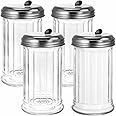 Tebery 4 Pack Sugar Shaker Dispenser Airtight, 12 Oz Thick Glass Sugar Pourer Container with Pour Flap Lid, Powdered Creamer 