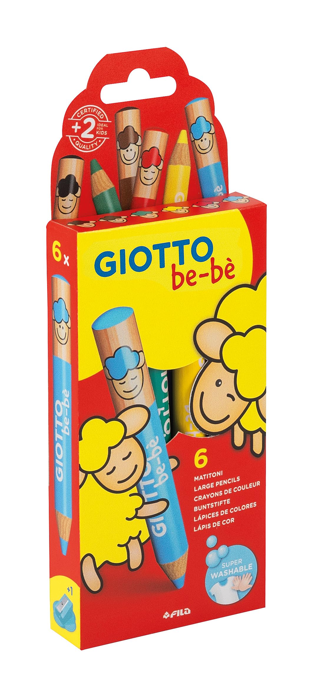 GIOTTO be-bè Large Colouring Pencils Set, 6 Assorted Colours, Super Washable, Suitable for Ages 2+, For Children
