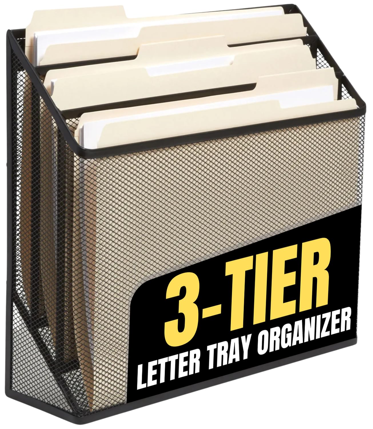 Photo 1 of 1InTheOffice 3 Tiers File Folder Organizer, Desk Sorter, Black Mesh Organizer