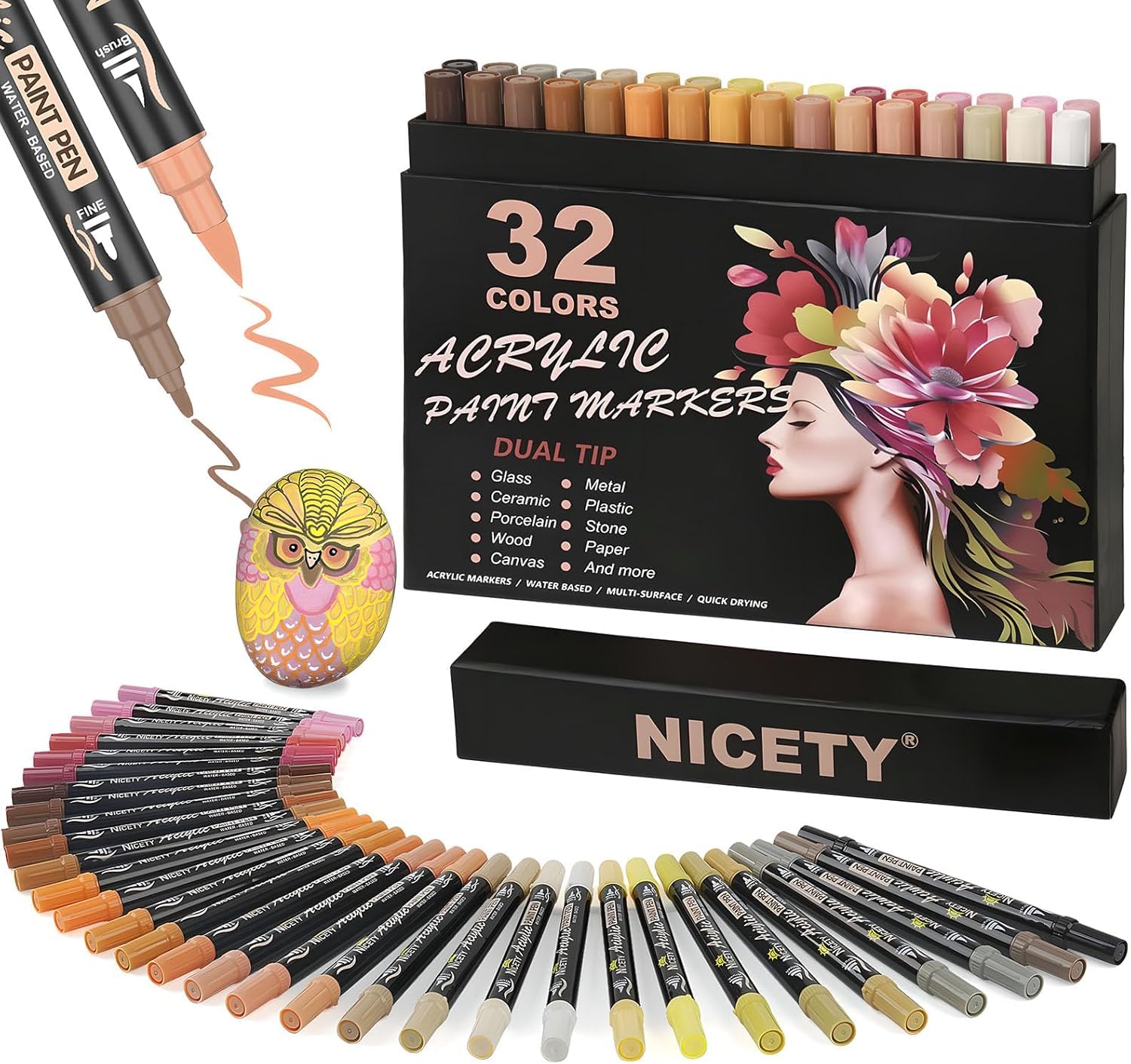 Photo 1 of 32 Acrylic Paint Markers Paint Pens Skin Tone Series Set Brush Tip & Fine Tip for Rock Painting, Wood, Canvas, Glass, Mugs, Metal, DIY Projects(Skin)