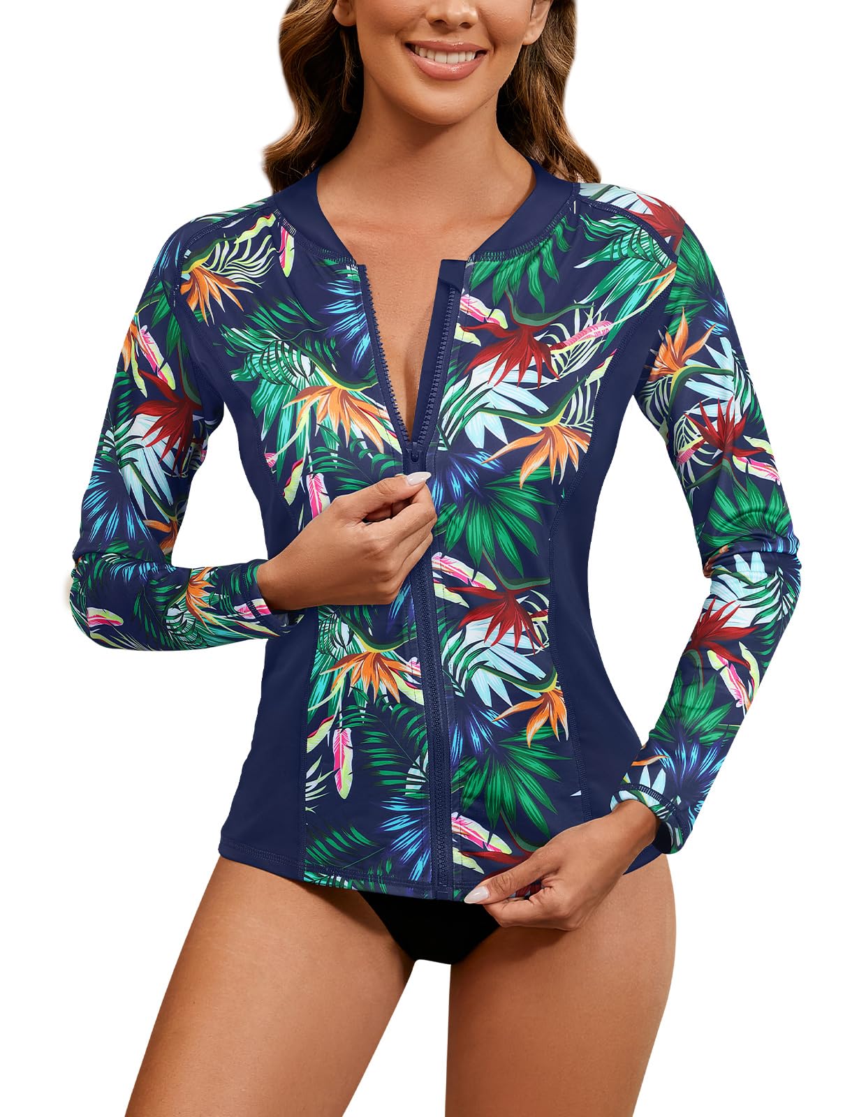 Photo 1 of LURANEE Women's Rash Guard Shirts,Zip Up Rash Guards for Women Long Sleeve Swimsuit UV Sun Protection Swim Shirts Navy Leaf M