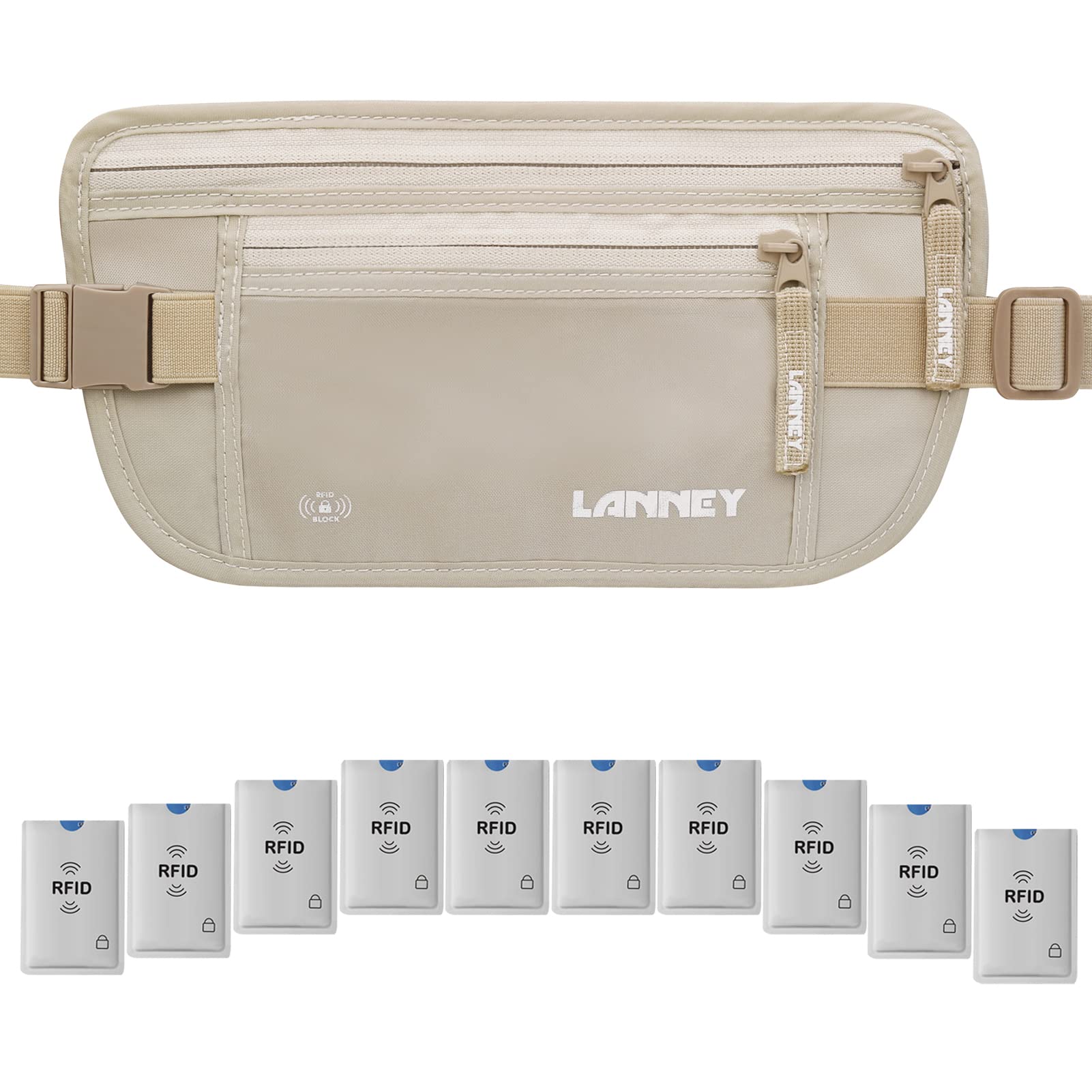 Photo 1 of Travel Money Belt for Men Women RFID Blocking Concealed Waist Wallet Pouch Hidden Under Clothes Passport Holder Antitheft Waist Stash Bag for Travelling, Bonus 10 Credit Card Sleeves, Cream