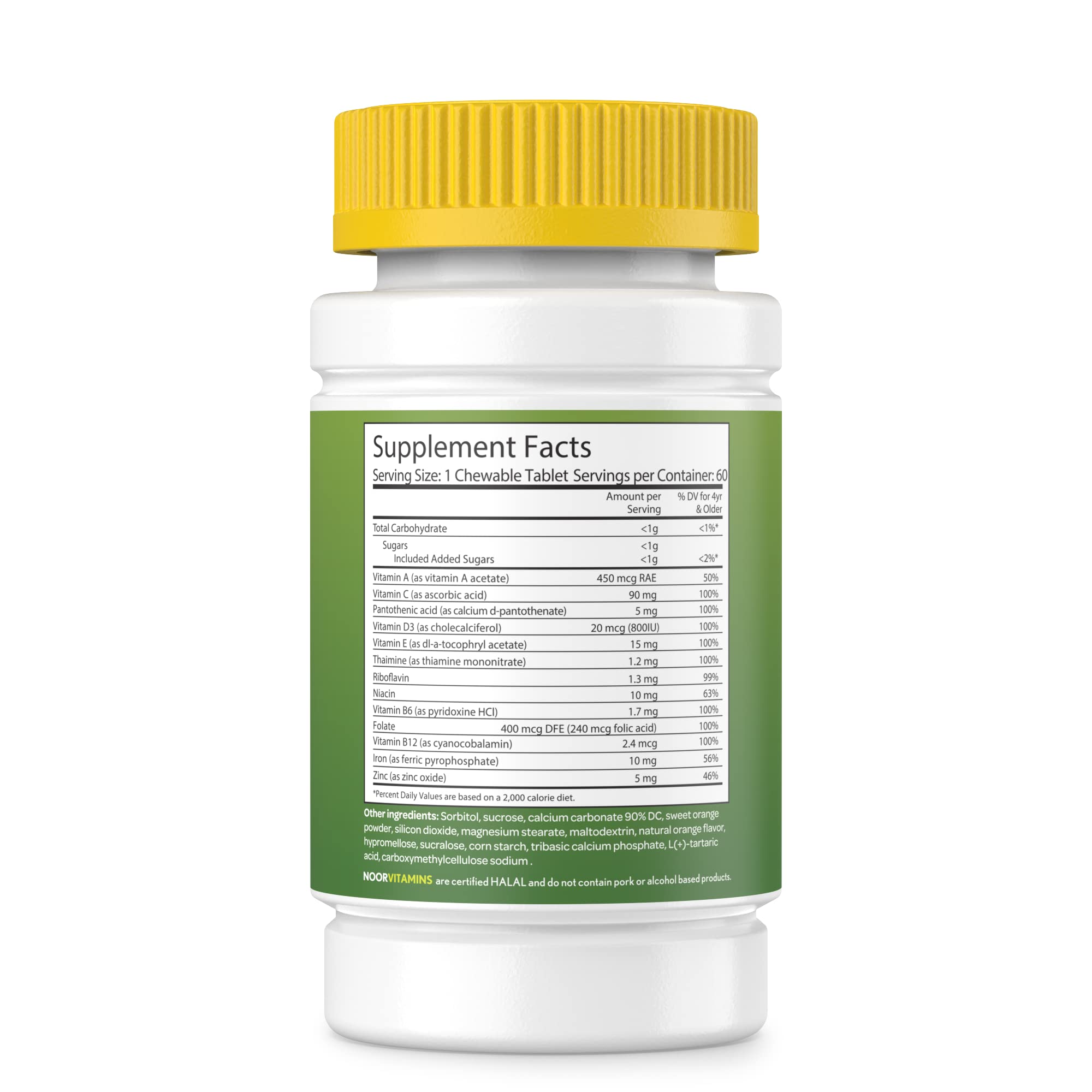 Noor Vitamins Halal Kids Multivitamin Chewable: Essential Vitamins for Immune, Bone & Eye Health with Iron - Non GMO & Gluten Free - Halal Vitamins 60 Count (2 Month Supply)
