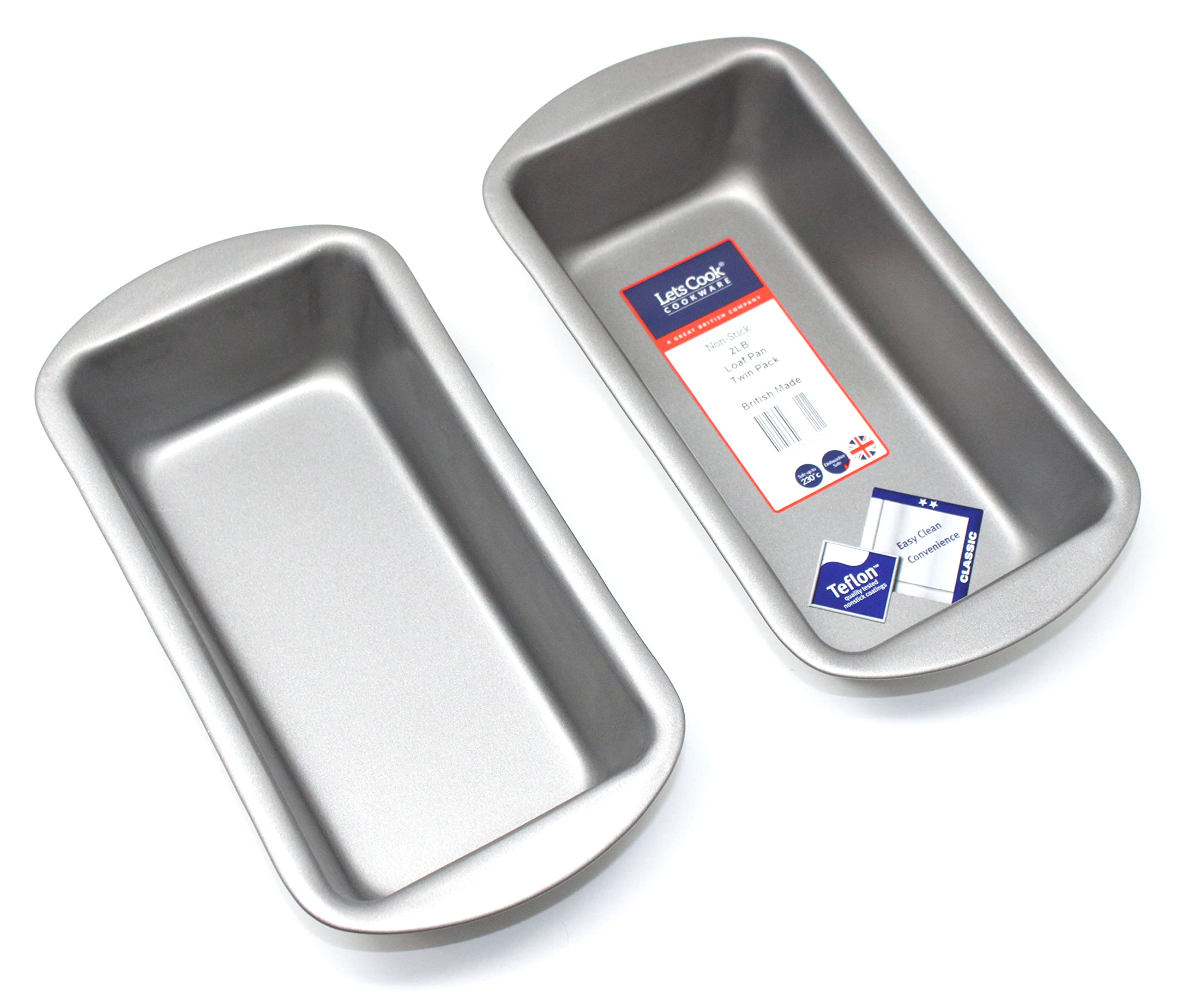 Lets Cook Cookware - 2LB Loaf Pans, 900g, Twin Pack (Set of 2), Teflon Non Stick, British Made