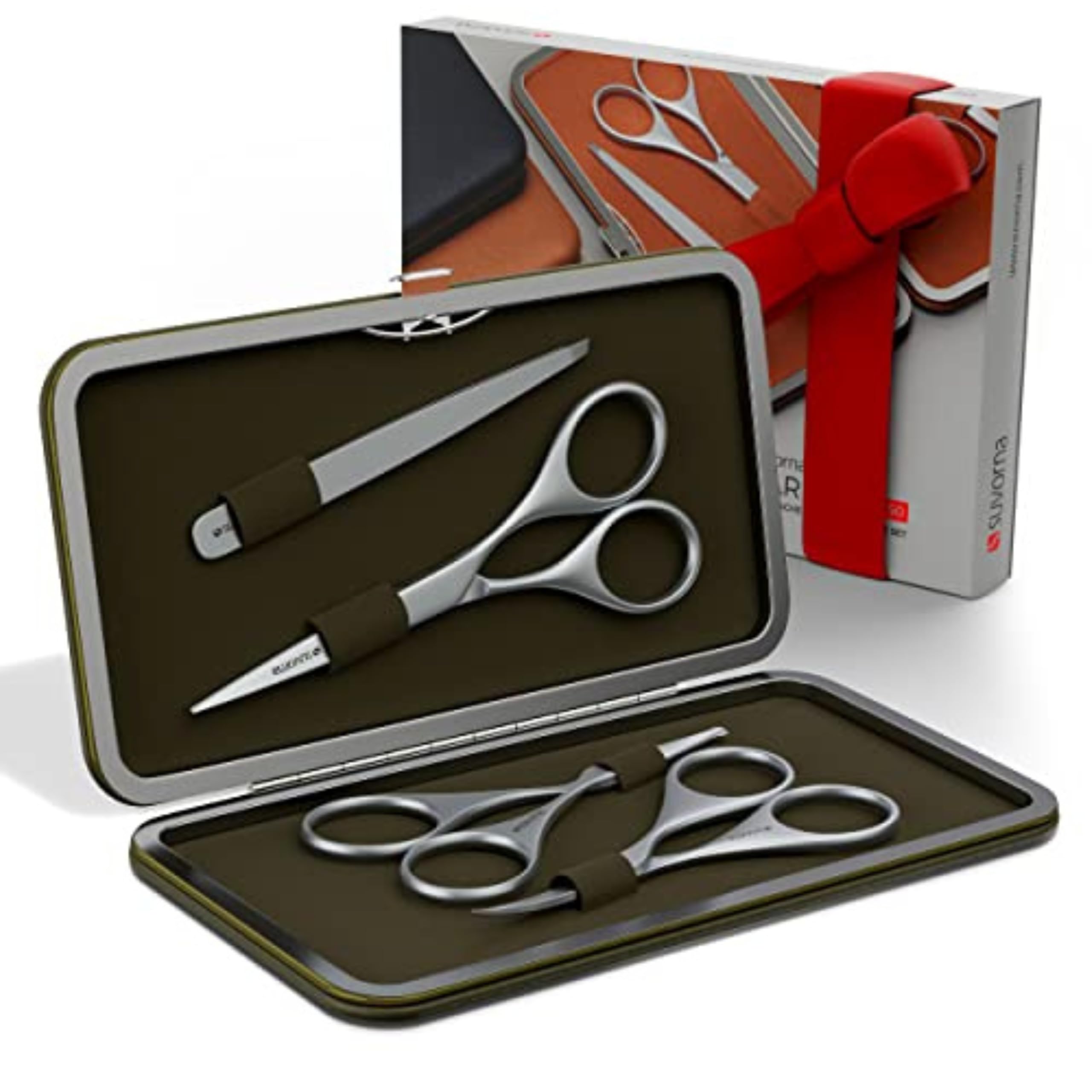 Suvorna Moustache and Beard kit with Beard Scissors, Eyebrow Scissors and Tweezers for Facial Hair - Hair Cutting Scissor and Hair Dresser Scissor - Facial Kit for Men (Green)