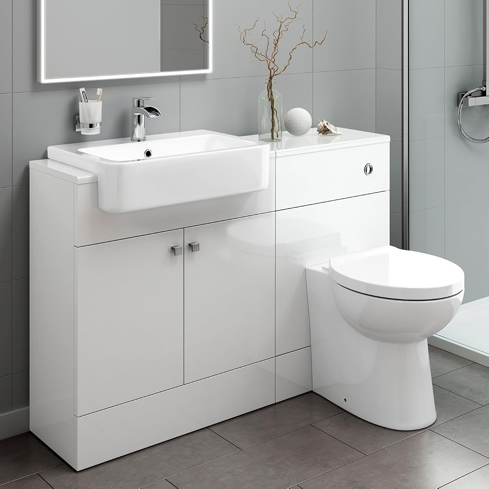 iBathUK Premium Gloss White Vanity Unit & Back to Wall Toilet Set