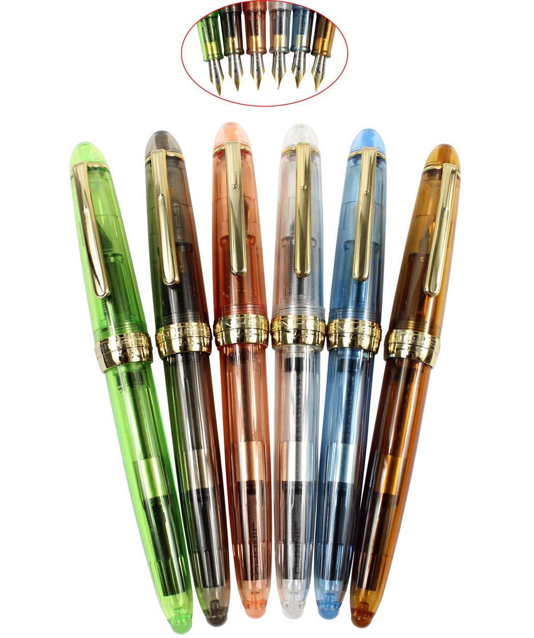 6PCS 992 Transparent Plastic Fountain Pens, Fine Nib Fountain Pen Set, JinHao Golden Clip and Pen Screw Cap, Solid Colors (Green, Grey, Orange, White, Blue, Brown)