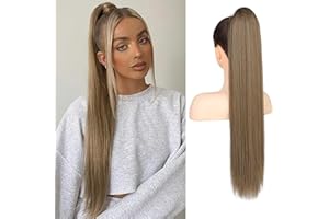 FLUFYMOOZ ponytail extension, 26 Inch Long Straight Drawstring Ponytail Synthetic Hairpieces Fake Pony Tails Natural Soft Clip in Hair Extension ponytail for Women (Dark Ash Blonde with Highlights)