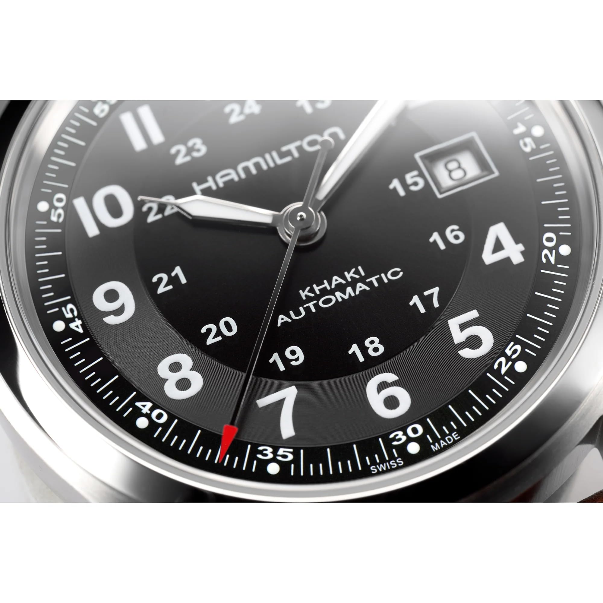 Hamilton Watch Khaki Field Auto | Swiss Made | 42mm Stainless Steel Case | Black Dial Analog Watch | Leather Strap (Model: H70555533)