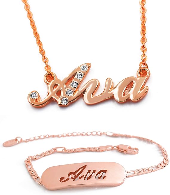 Ava Name Necklace & Bracelet 18K Rose Gold Plated