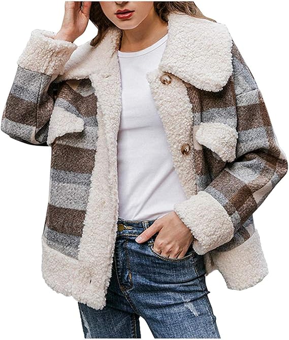 Women Fur Coat Short Plaid Jacket Thicken Overcoat Lined Coats Short