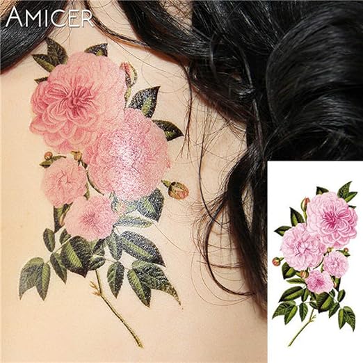 Tzxdbh 3pcs Sakura Rose Flor Grande Impermeable Tatuaje Femenino