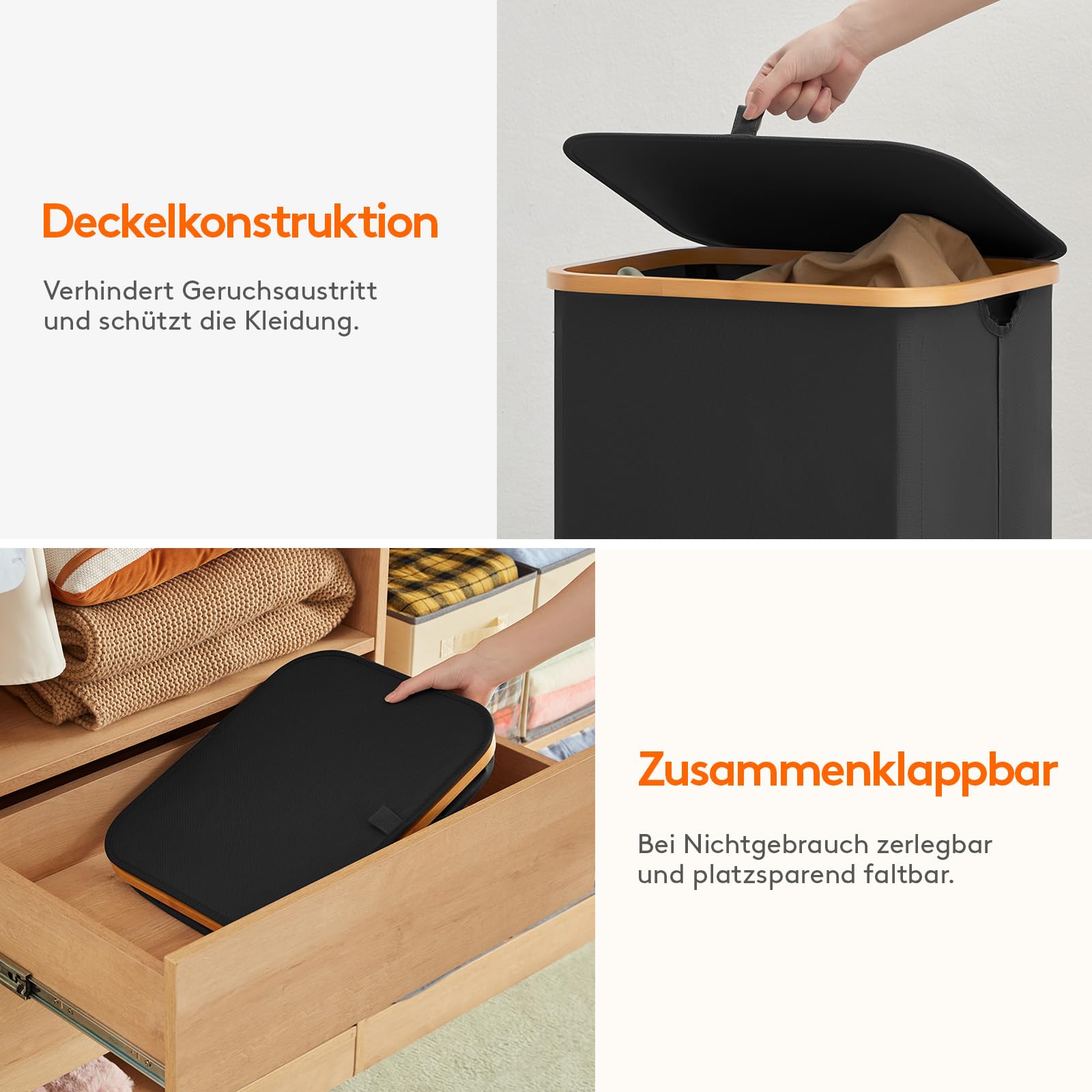 Lifewit 100L Wäschekorb mit Deckel, Wäschekörbe für Wäsche mit Bambus Griffe und Eine Abnehmbare Wäschesack, Große Faltbare Wäschekorb für Schlafzimmer, Bad, Schlafsaal, Waschküche, Schwarz 7