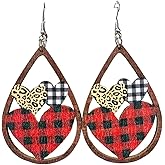 Valentines Day Love Heart Wooden Earrings Red Black Striped Plaid Lip Dangle Earrings Lightweight Cute Buffalo Leopard Printed Drop Earring for Women
