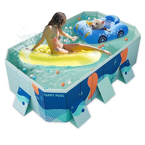 Foldable Non-Inflatable Pet Paddling Pool – 2.23m Heavy-Duty PVC Bathing Pool for Dogs & Pets, Large Garden Pool with Quick Drain Valve & Anti-Slip Design, Includes Balls & Repair Patch – Blue