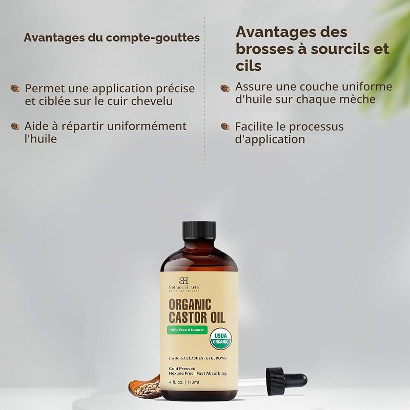 Huile de ricin | Certifiée biologique par l'USDA | 100% pure et sans hexane | Pressée à froid | Croissance pour cils, sourcils, cheveux | Avec brosse à sourcils et cils | 118,3 ml