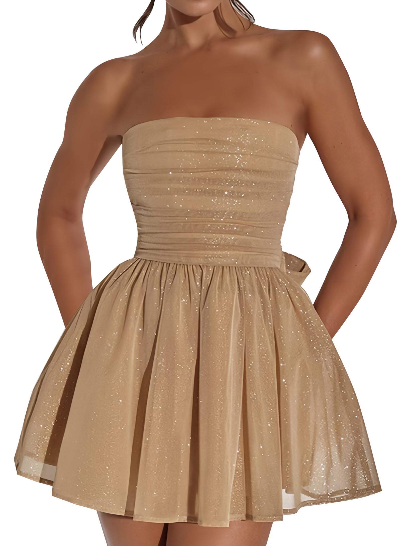 Photo 1 of Glitter Tulle Homecoming Dresses for Teens Strapless Short Prom Dress Mini Cocktail Party Gowns with Bow on Back Champagne 12