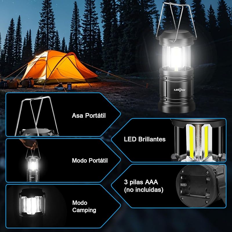 Paquete de 2 linternas LED para acampar, lampara camping, kit de supervivencia para huracanes, emergencias, tormentas, apagones (negro, plegable)