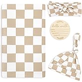TANOFAR 4-Pack Newborn Swaddle Blanket for Baby Girls & Boys, Ultra Soft Receiving Blankets with Matching Headband and Beanie Set Baby Nursery Swaddle Wrap, Light Brown Checkerboard
