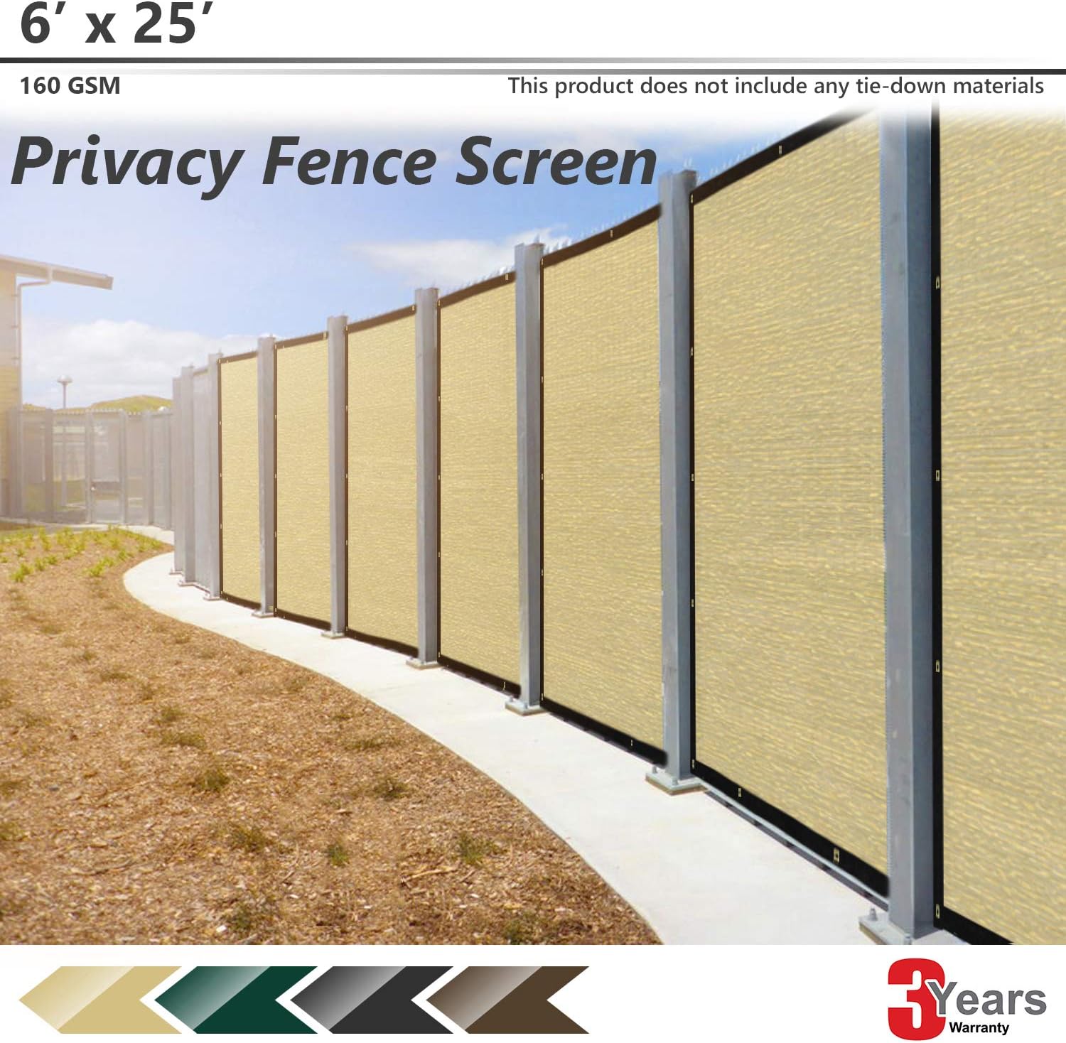 BOUYA Beige Privacy Fence Screen 6' x 25' Heavy Duty for Chain-Link Fence Privacy Screen Commercial Outdoor Shade Windscreen Mesh Fabric with Brass Gromment 160 GSM 88% Blockage UV -3 Years Warranty