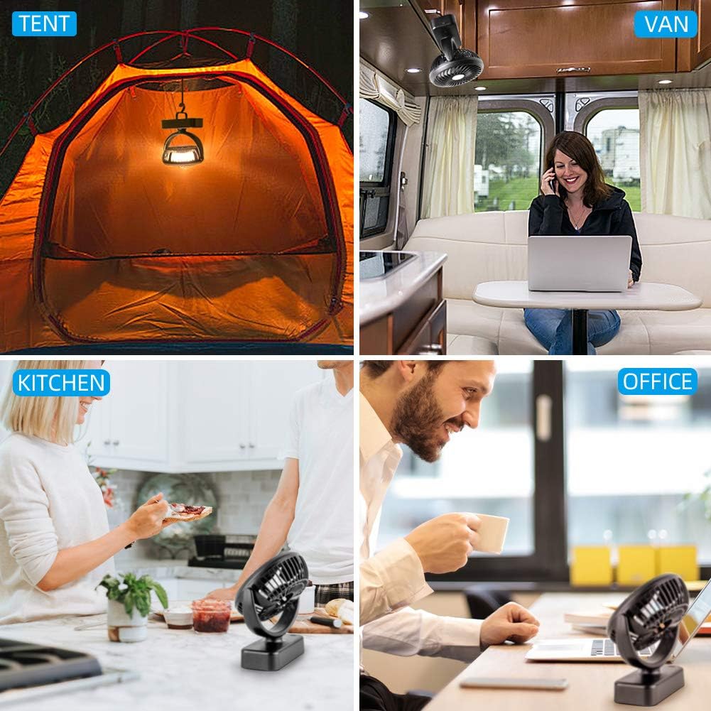 Amacool Portable Battery Camping Fan with LED Lantern - Rechargeable 5000mAh Battery Operated USB Desk Fan Kit with Hanging Hook for Tent Car RV Hurricane Emergency Outages: Sports & Outdoors