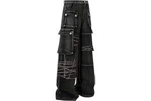Mens Goth Baggy Cargo Jeans Steampunk Patchwork Embroidery Wide Leg Denim Pants Hip Hop Streetwear with Pockets