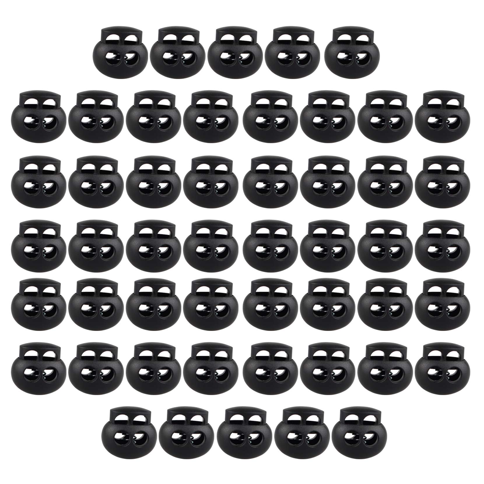 Futheda 50PCS Spring Cord Lock Buckles Double Hole Cord Locks Black Plastic Loaded Round Toggle Stopper Cord Locks End for Drawstrings Camping Hiking Shoelace Replacement Sports Backpacks