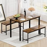 MWrouqfur 3 Piece Dining Table Set for 4, Kitchen Table with 2 Benches | Industrial Wood Breakfast Nook Dinette Sets for Apartment Small Space Bar Restaurant