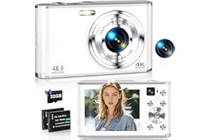 TEBNGIHNM 4K Digital Camera for Photography, 48MP Dual Cameras for Photography, 16X Digital Zoom Point and Shoot Cameras with 32GB Card & 2 Batteries Camera for Boys Girls Kids - White