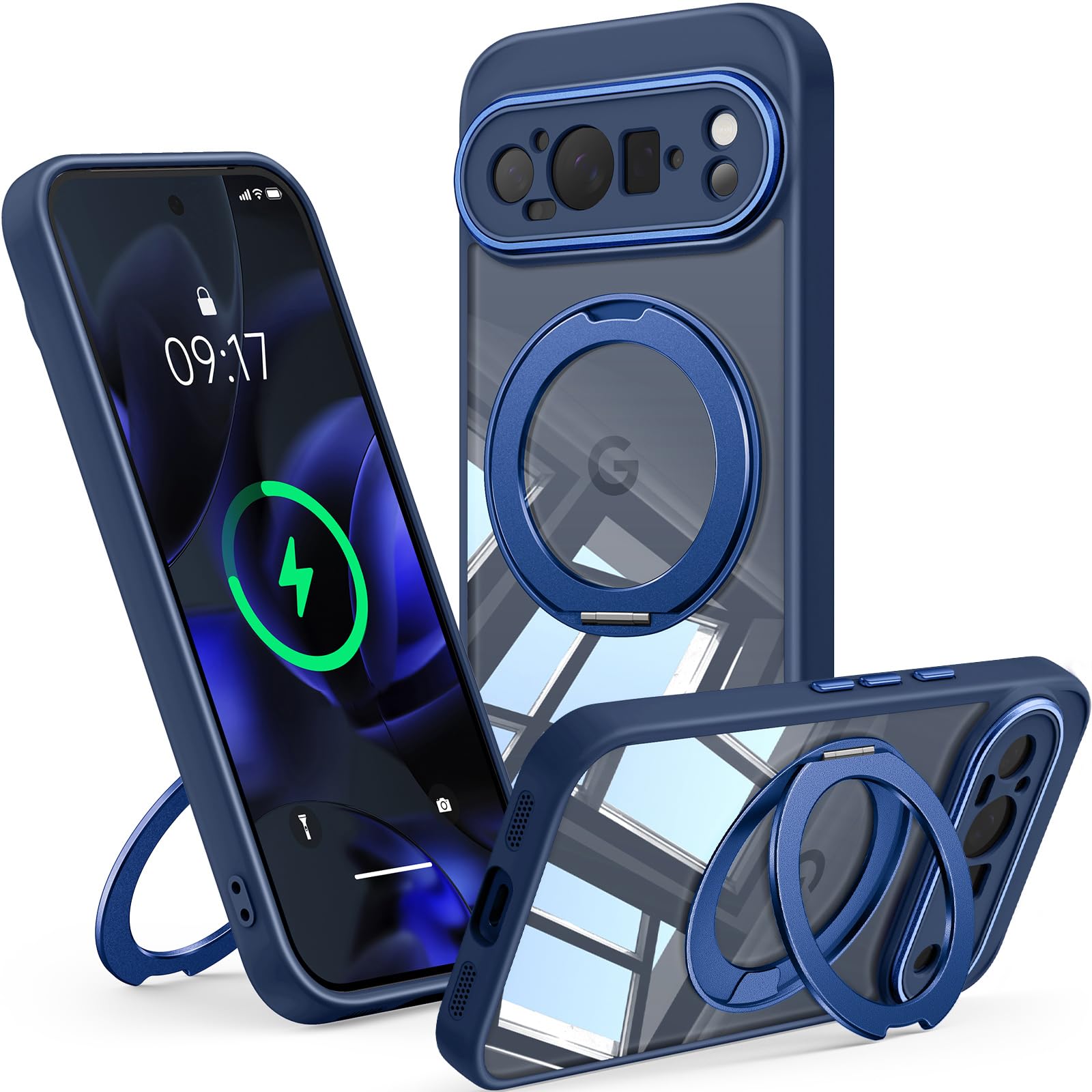 Photo 1 of ?360° Spin Magnetic Stand? Case for Google Pixel 9 Pro XL ?Fit for MagSafe & Pixelsnap? Cover with Ring Holder ?No-Yellow Crystal Clear? Camera Protection Phone Google Pixel 9 Pro XL Case - Blue