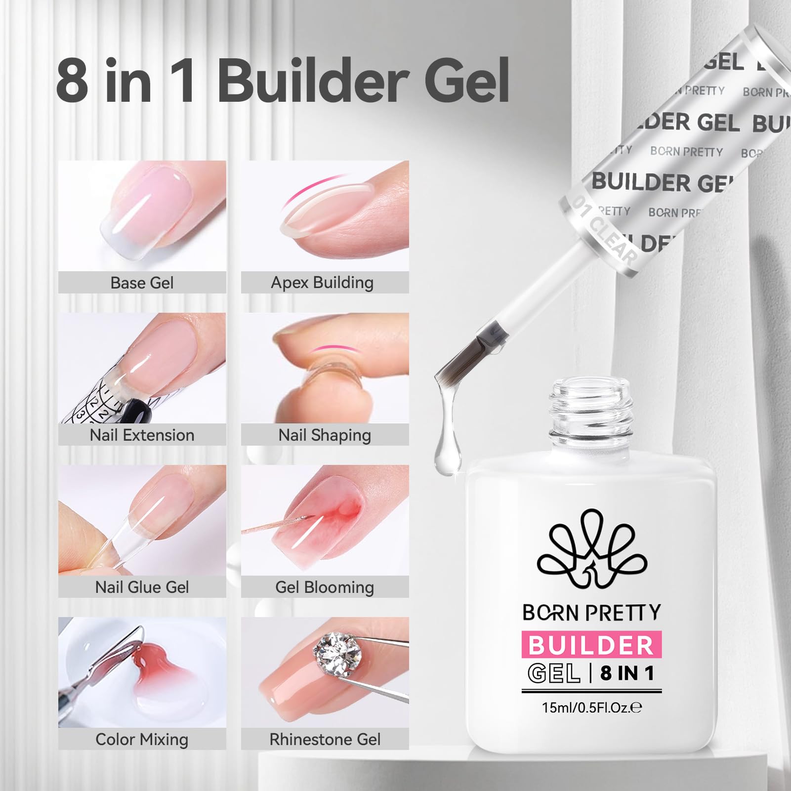 BORN PRETTY Builder Gel for Nails,8-in-1 Clear Builder Nail Gel for Nail Apex and Extension Strengthener,Nail GLue Gel Hard Gel Base Rhinestone Nail Glue Gel in a Bottle 15ml - Image 2