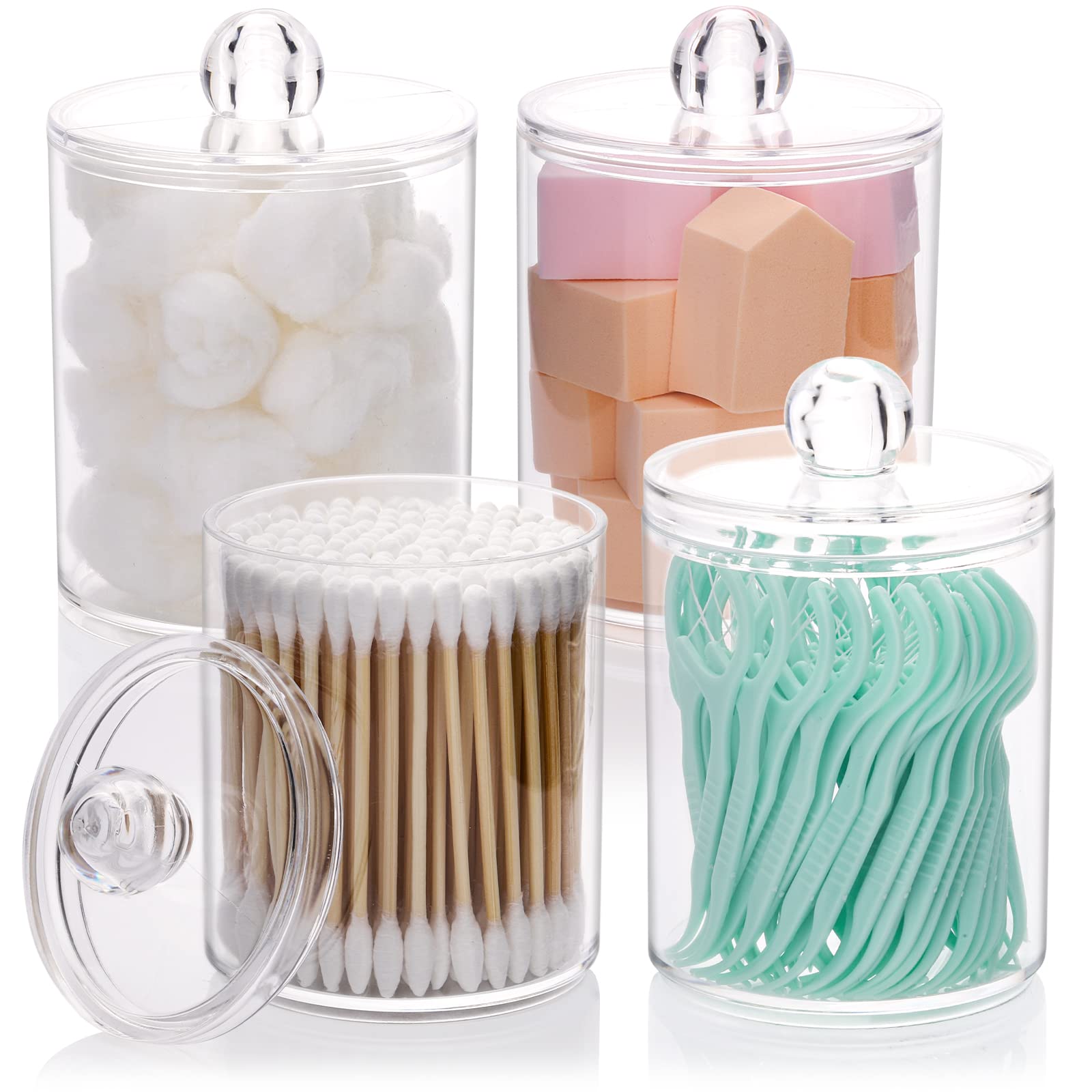 JOTOM 4PCS Cotton Pad Holder with Lid for Bathroom Storage Cotton Bud Holder Acrylic Cotton Swab Dispenser Clear Round Cotton Wool Bud Jar for Vanity Small Qtip Container Makeup Organiser Set (4)