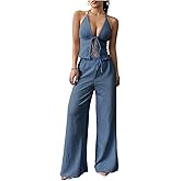 WDIRARA Women's 2 Piece Camisole Pants Set Tie Front Halter Top Wide Leg Pant Casual Summer Outfits