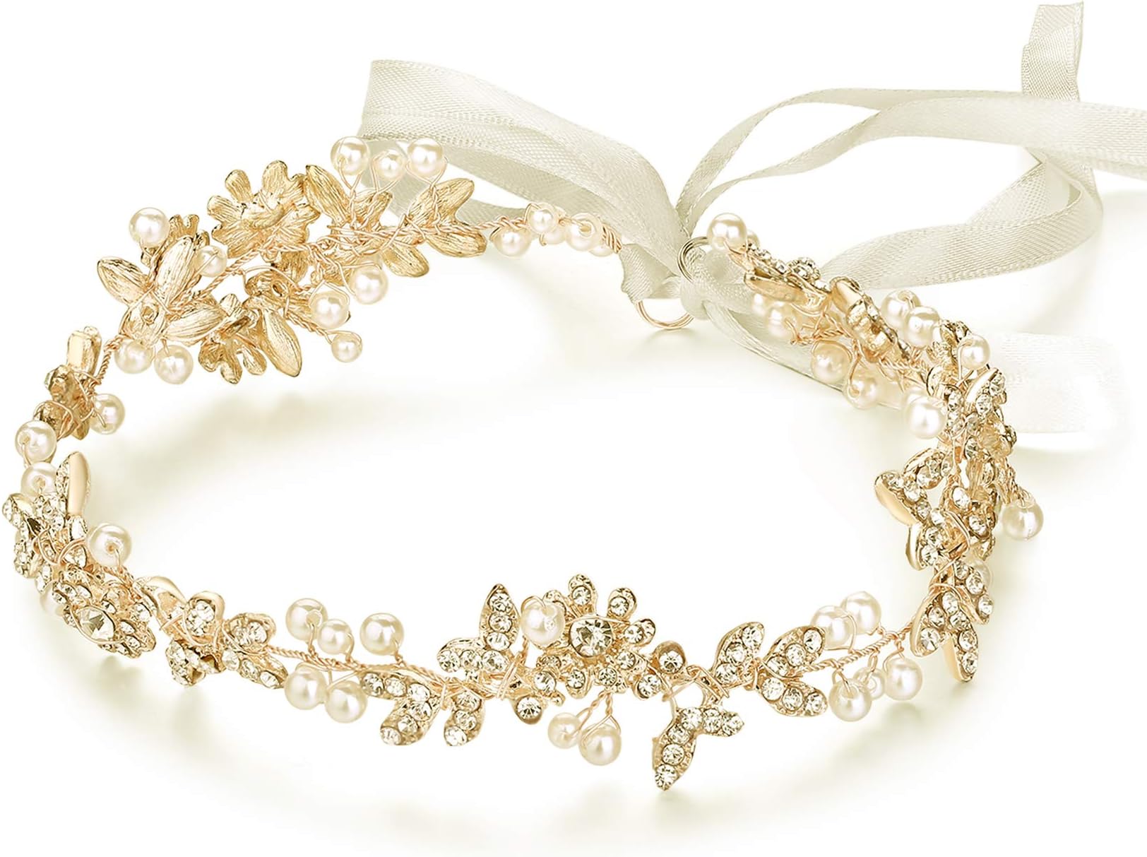 Ammei Bridal Headbands Crystal Pearl Hair Vines Bohemian Style Wedding Headpieces For Bride Wedding Hair Accessories (Gold)