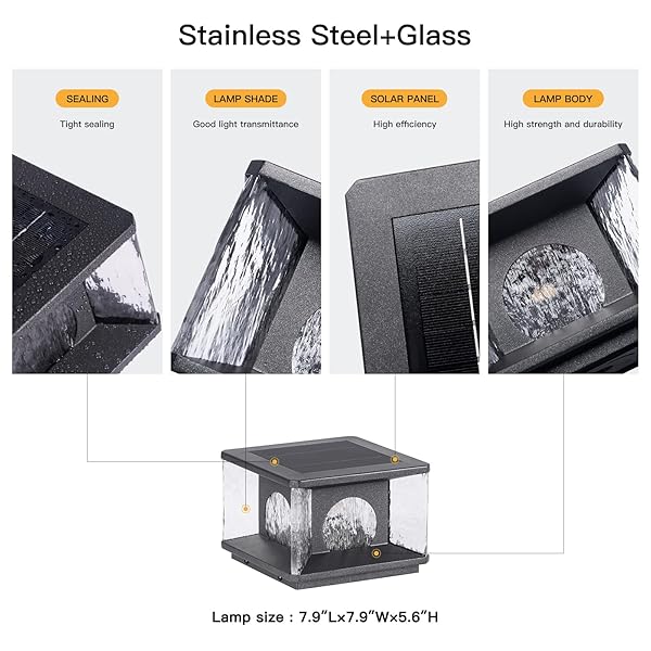 MVBT GLASS SOLAR POST LIGHTS, 7.9″ OUTDOOR COLUMN LIGHTS, MODERN PILLAR LIGHT WATERPROOF, DUSK TO DAWN GATE POST LAMP, 3000K LED LANDSCAPE LANTERN FOR GARDEN PATIO YARD ENTRANCE FENCE PILLARS