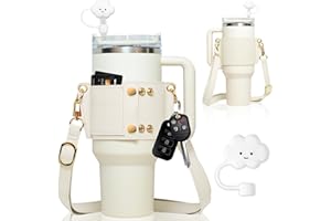 Itscolofy Water Bottle Holder - Carrier Strap for Stanley 40 oz & 30 oz Tumbler with Handle, for Stanley Cup Accessories, Adjustable Strap, Credit Card Holder, Keyring, Straw Cover (Cream)