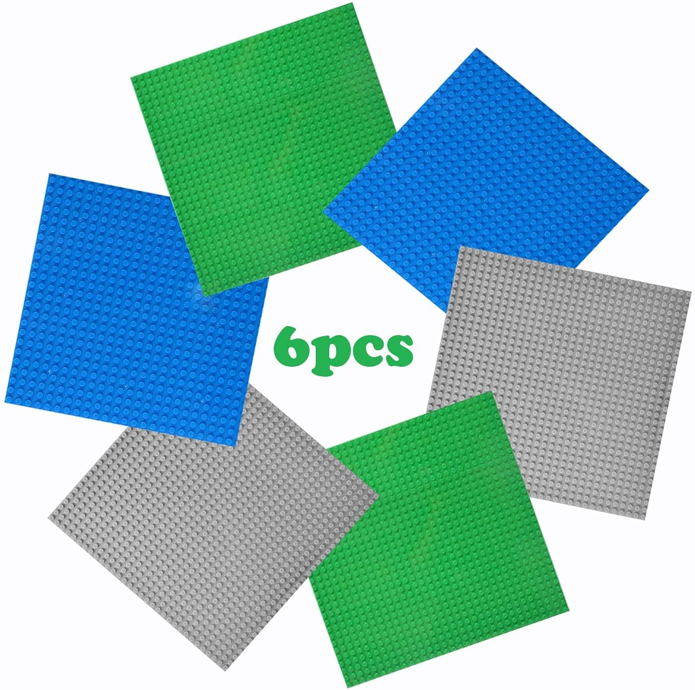 HUYIYI Compatible with Lego Classic Building Blocks, Base Plate, 6 Panel Set, Compatible with Most Brands, 25.5 x 25.5 cm, Green Blue Grey Base Plate