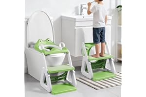 Orzbow Frog Potty Training Seat, Toddler Toilet Seat with Step Stool Ladder, 2-in-1 Potty Training Toilet Essentials for Boys Girls, Adjustable Height, Non-Slip Step and Splash Guard Design, Green