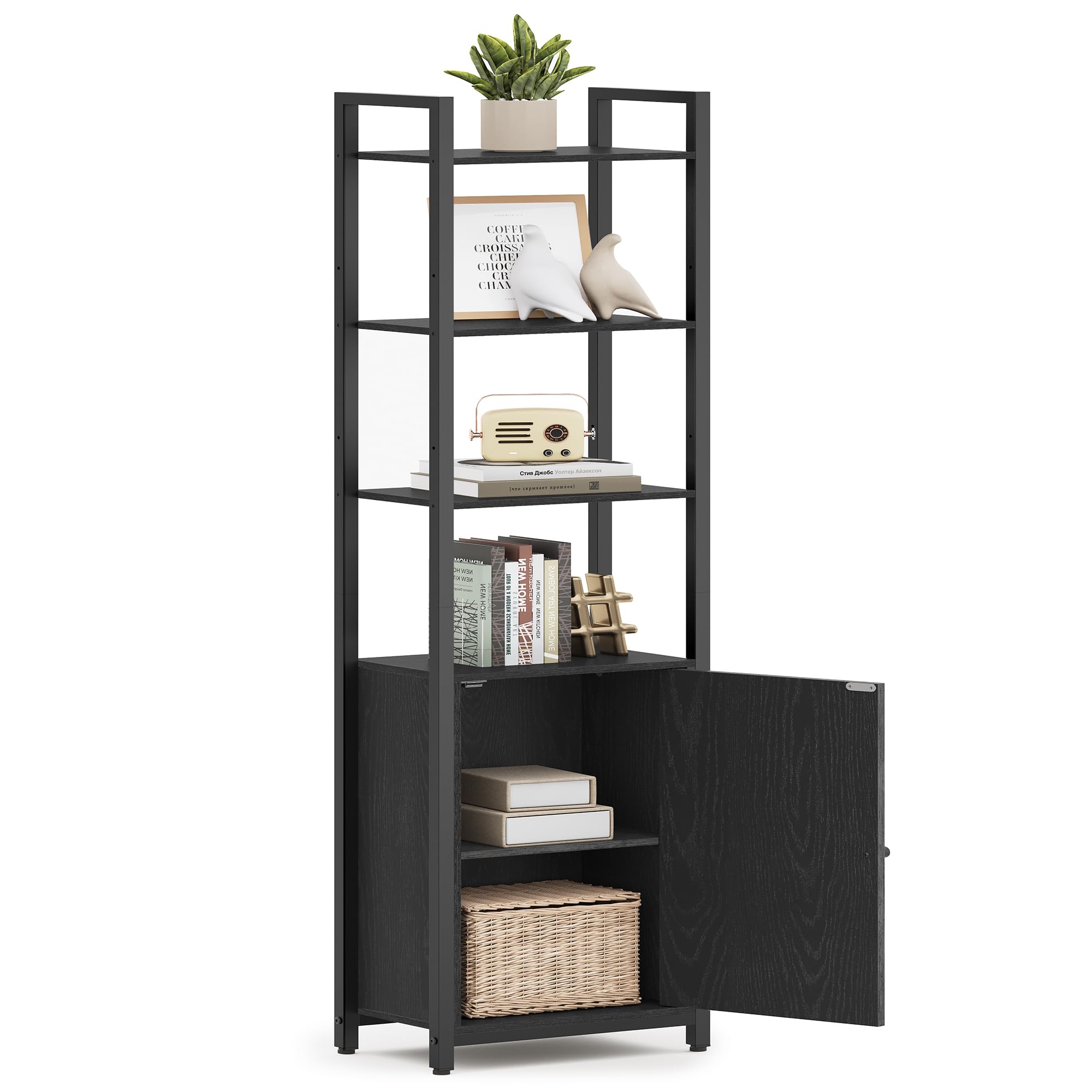 VASAGLE 6-Tier Bookshelf, Tall Bookcase with Cabinet, Steel Frame, Adjustable Shelves, 9.4 x 15.7 x 62.8 Inches, Living Room Bedroom, Ebony Black and Ink Black ULLS132B01 Image
