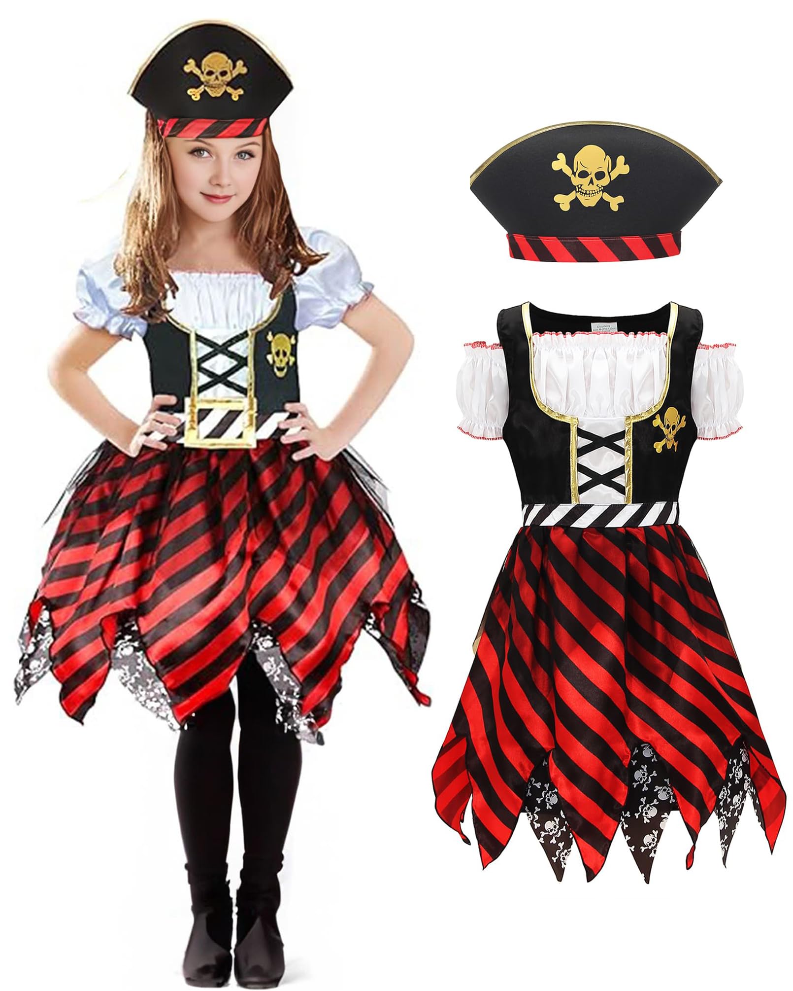 GEMVIE Girl Pirate Costume Kids Halloween Party Cosplay Captain Pirate Buccaneer Princess Dress Outfit